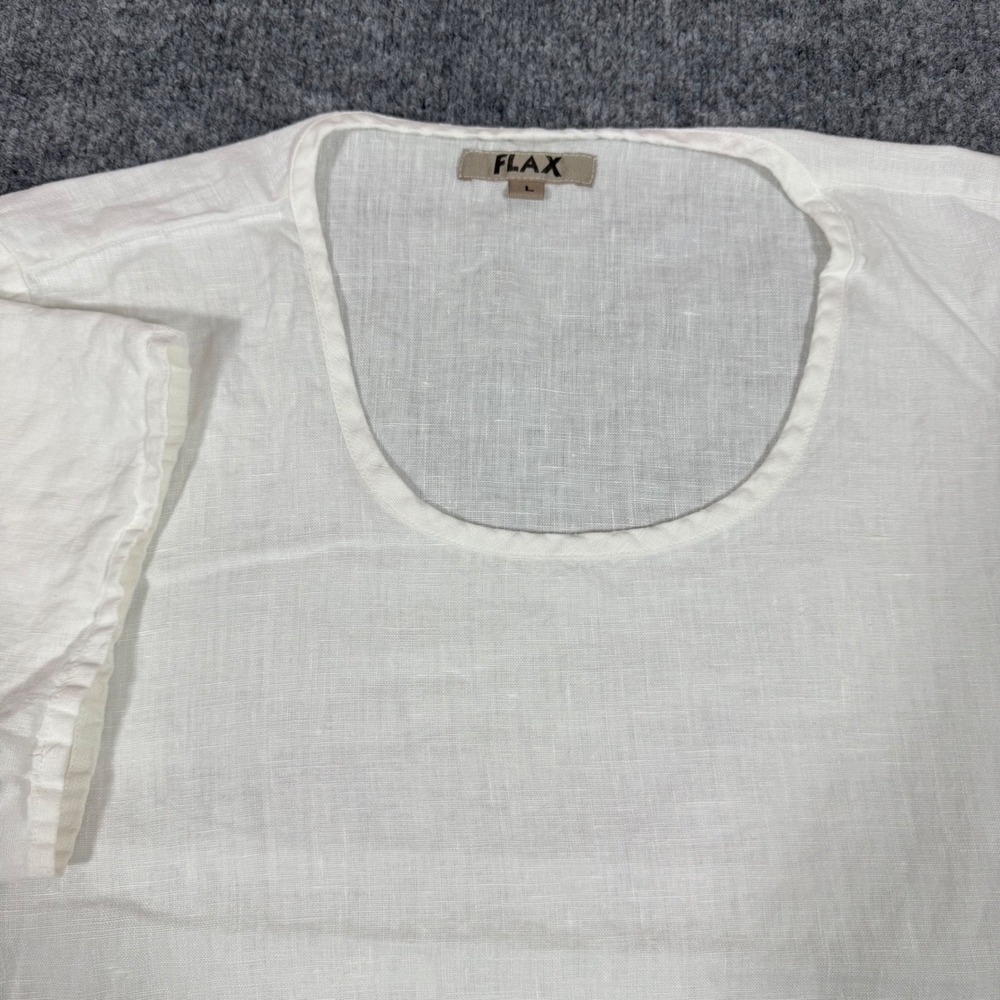 FLAX Linen Scoop Neck Short Sleeve Top Womens Large White 100% Linen EUC